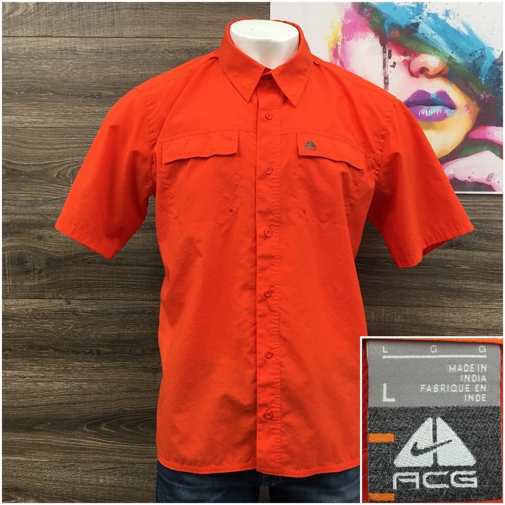 VINTAGE Nike ACG Mens Orange Short Sleeve Button Down Hiking Shirt Large S6KOC